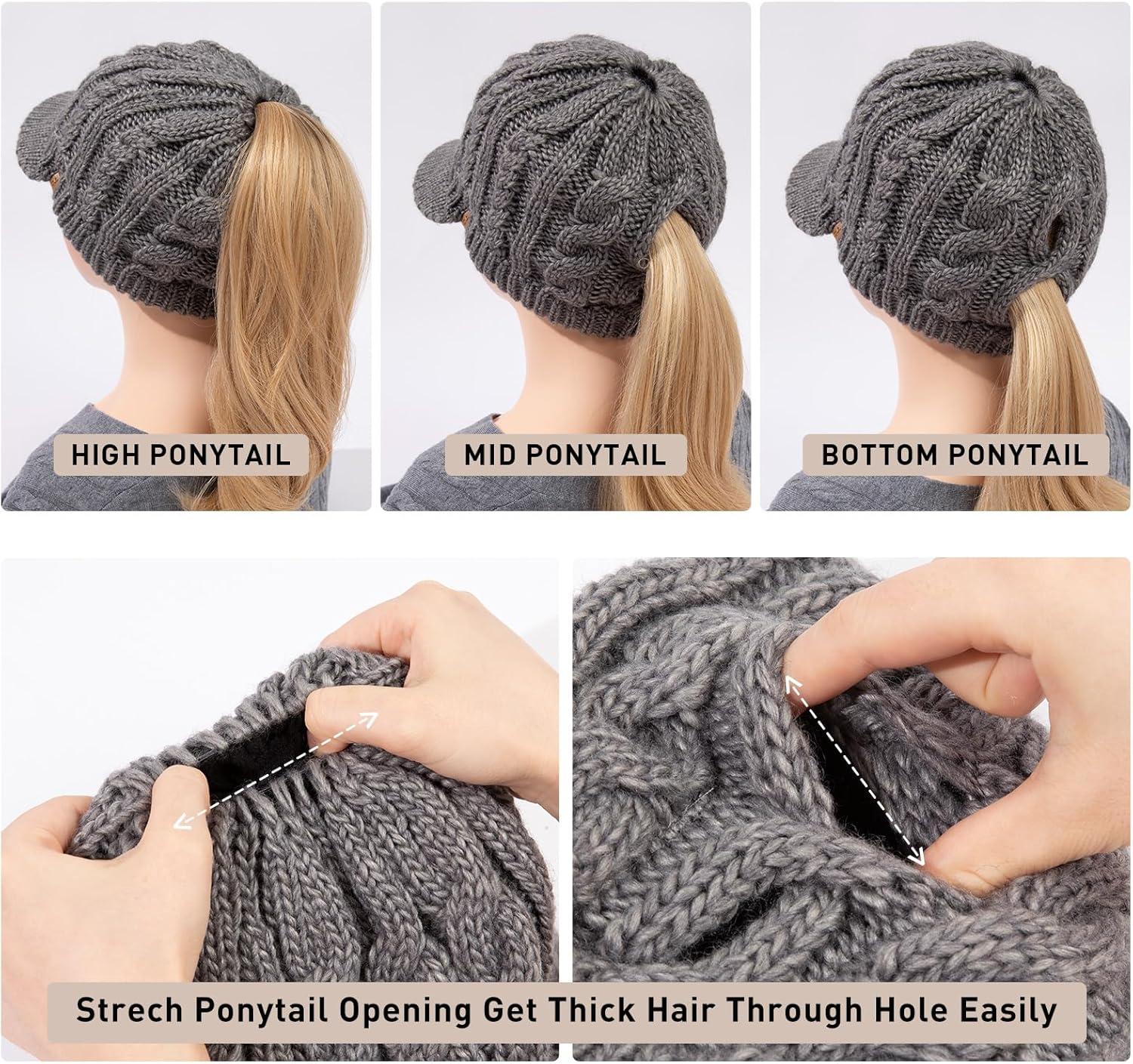 imageChicPony Merino Wool Visor Ponytail Beanie with Brim Fleece Lined 3 Bun Openings Hole Warm Windproof Knit Cap Winter HatUrban Greypony