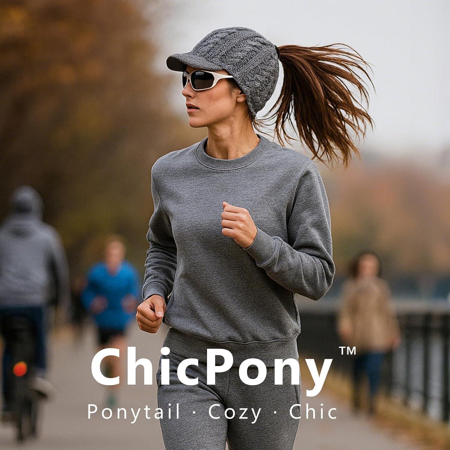 imageChicPony Merino Wool Visor Ponytail Beanie with Brim Fleece Lined 3 Bun Openings Hole Warm Windproof Knit Cap Winter HatUrban Greypony