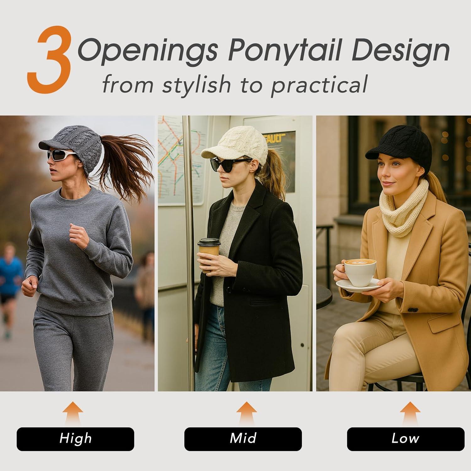 imageChicPony Merino Wool Visor Ponytail Beanie with Brim Fleece Lined 3 Bun Openings Hole Warm Windproof Knit Cap Winter HatUrban Greypony