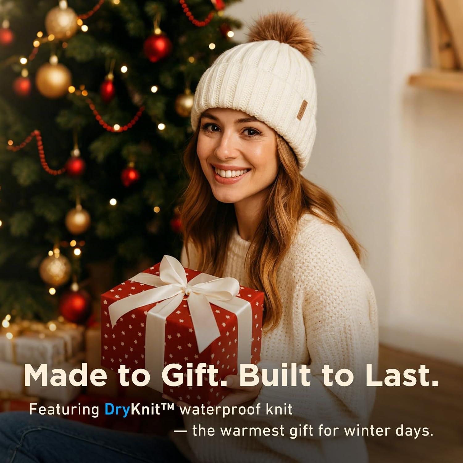 imageTOPEX DryKnit Waterproof Knit Beanie with Removable Pom Fleece Lined Warm Winter Hat for Women Breathable Rain Snow Proof96603red