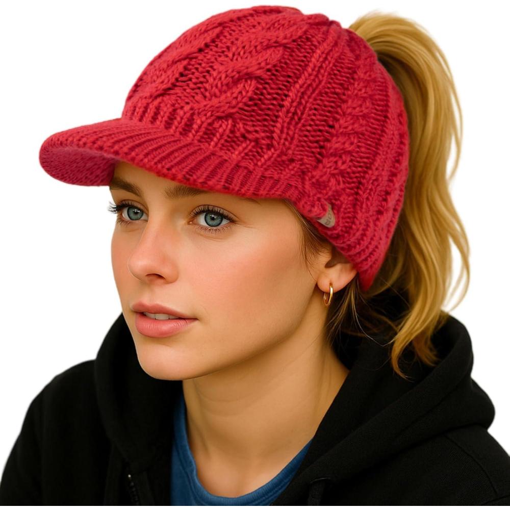 imageChicPony Merino Wool Visor Ponytail Beanie with Brim Fleece Lined 3 Bun Openings Hole Warm Windproof Knit Cap Winter HatMaple Redpony