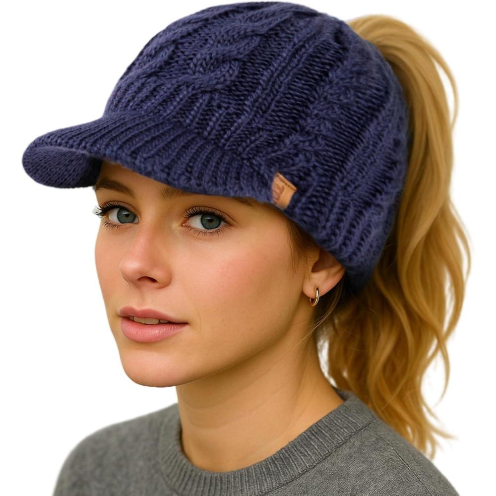 imageChicPony Merino Wool Visor Ponytail Beanie with Brim Fleece Lined 3 Bun Openings Hole Warm Windproof Knit Cap Winter HatMidnight Bluepony