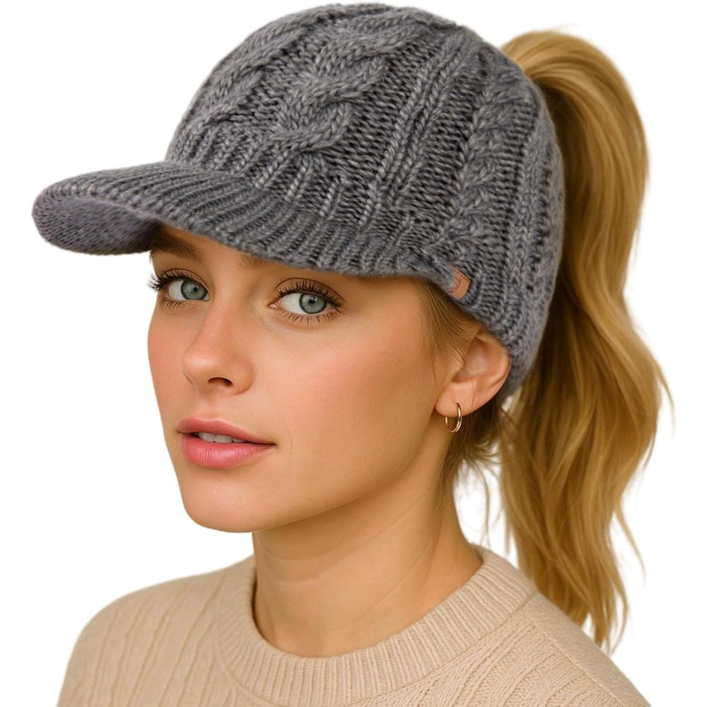 imageChicPony Merino Wool Visor Ponytail Beanie with Brim Fleece Lined 3 Bun Openings Hole Warm Windproof Knit Cap Winter HatUrban Greypony