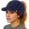 imageChicPony Merino Wool Visor Ponytail Beanie with Brim Fleece Lined 3 Bun Openings Hole Warm Windproof Knit Cap Winter HatMidnight Bluepony