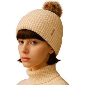 imageTOPEX DryKnit Waterproof Knit Beanie with Removable Pom Fleece Lined Warm Winter Hat for Women Breathable Rain Snow Proof96603beige