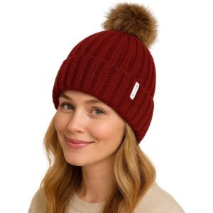imageTOPEX DryKnit Waterproof Knit Beanie with Removable Pom Fleece Lined Warm Winter Hat for Women Breathable Rain Snow Proof96603red