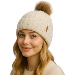 imageTOPEX DryKnit Waterproof Knit Beanie with Removable Pom Fleece Lined Warm Winter Hat for Women Breathable Rain Snow Proof96603white