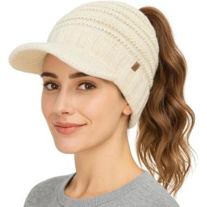 imageTOPEX Fleece Lined Ponytail Hole Visor Beanie  Winter Warmth for High ampamp Low PonytailsBeige