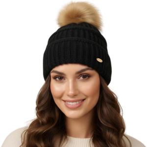 imageTOPEX ChicPony Winter Hat for Women Fleece Lined 50 Merino Wool Beanie with Hidden Ponytail Hole ampamp Detachable Faux Fur PomBlack