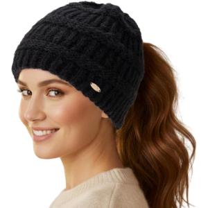 imageTOPEX ChicPony Winter Hat for Women Fleece Lined 50 Merino Wool Beanie with Hidden Ponytail Hole ampamp Detachable Faux Fur PomBlackbox
