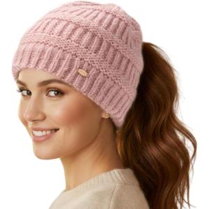 imageTOPEX ChicPony Winter Hat for Women Fleece Lined 50 Merino Wool Beanie with Hidden Ponytail Hole ampamp Detachable Faux Fur PomBlush Pinkbox