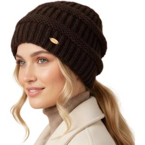 imageTOPEX ChicPony Winter Hat for Women Fleece Lined 50 Merino Wool Beanie with Hidden Ponytail Hole ampamp Detachable Faux Fur PomChestnut Brown