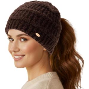imageTOPEX ChicPony Winter Hat for Women Fleece Lined 50 Merino Wool Beanie with Hidden Ponytail Hole ampamp Detachable Faux Fur PomChestnut Brownbox