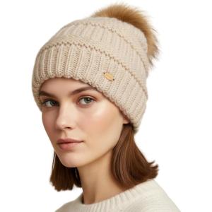 imageTOPEX ChicPony Winter Hat for Women Fleece Lined 50 Merino Wool Beanie with Hidden Ponytail Hole ampamp Detachable Faux Fur PomOatmeal Beige