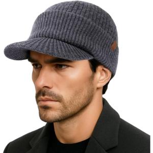 imageTOPEX PolarWool 50 Merino Wool Winter Hat for Men Fleece Lined Visor Beanie with Brim Outdoor Knit Cap for Cold WeatherGray