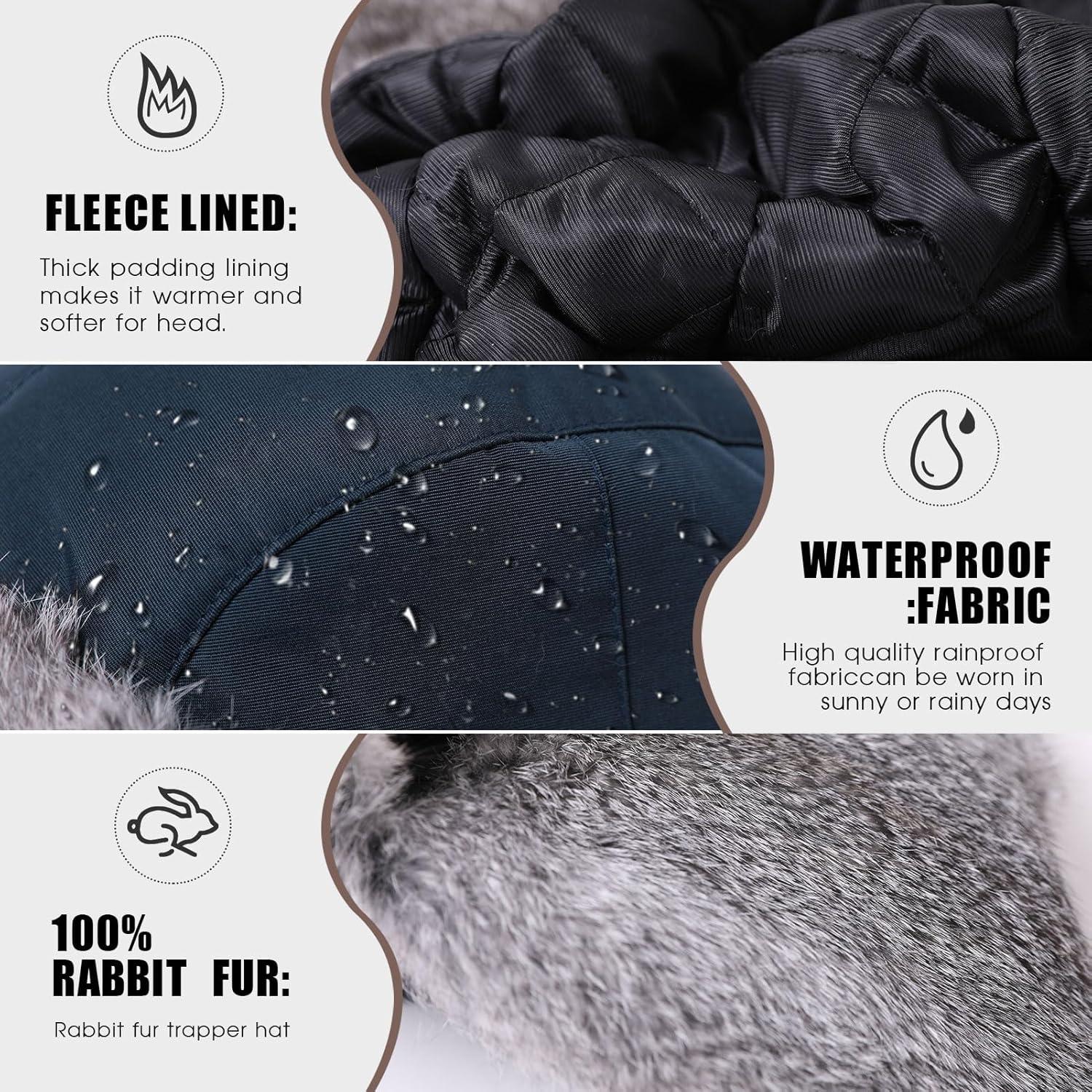 imageTOPEX Oversize XXL XXXL Mens 100 Rabbit Fur Waterproof Trapper Hunting Trooper Winter Ushanka Russian Skiing HatBlack