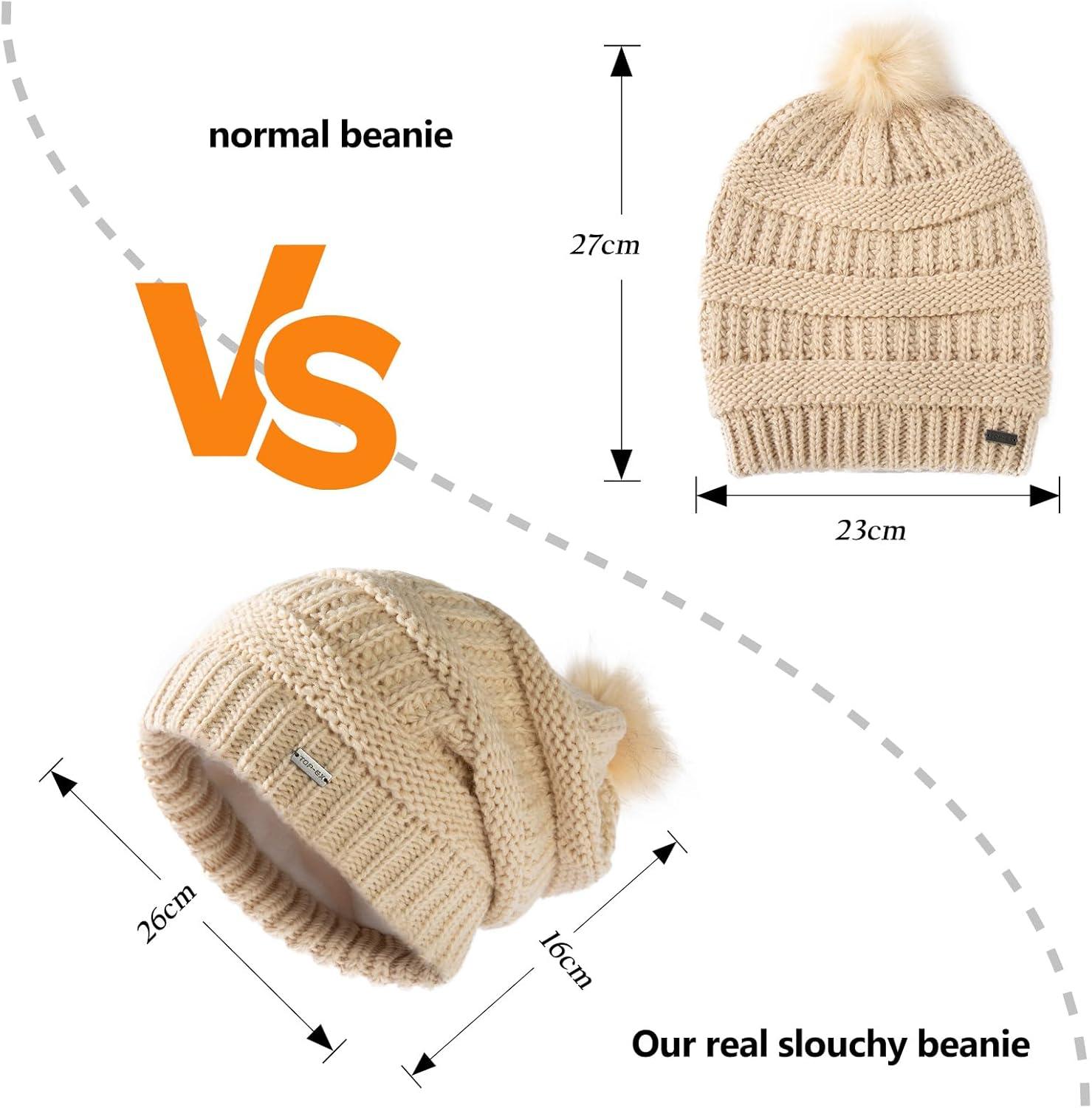 imageTOPEX PolarWool 100 Merino Wool Winter Slouchy Beanie for Women with Faux Fur Pom  Satin or Fleece Lined for Cold WeatherBeigewhitefleece Lined