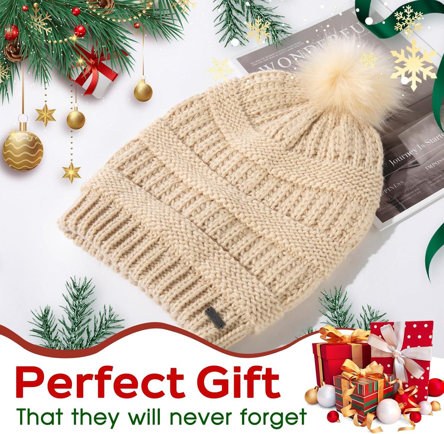 imageTOPEX PolarWool 100 Merino Wool Winter Slouchy Beanie for Women with Faux Fur Pom  Satin or Fleece Lined for Cold WeatherBeigewhitesatin Lined