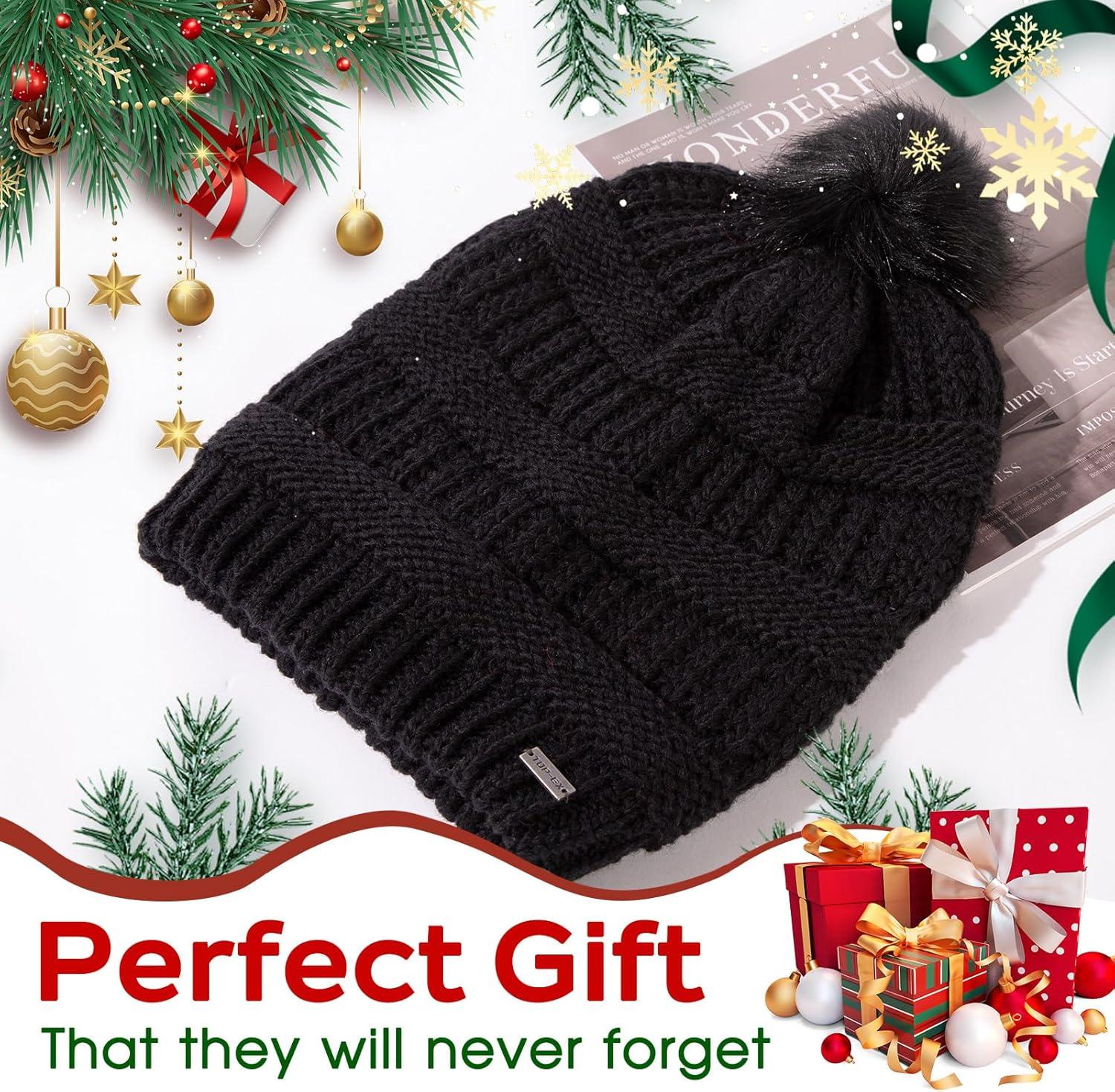 imageTOPEX PolarWool 100 Merino Wool Winter Slouchy Beanie for Women with Faux Fur Pom  Satin or Fleece Lined for Cold WeatherBlackfleece Lined