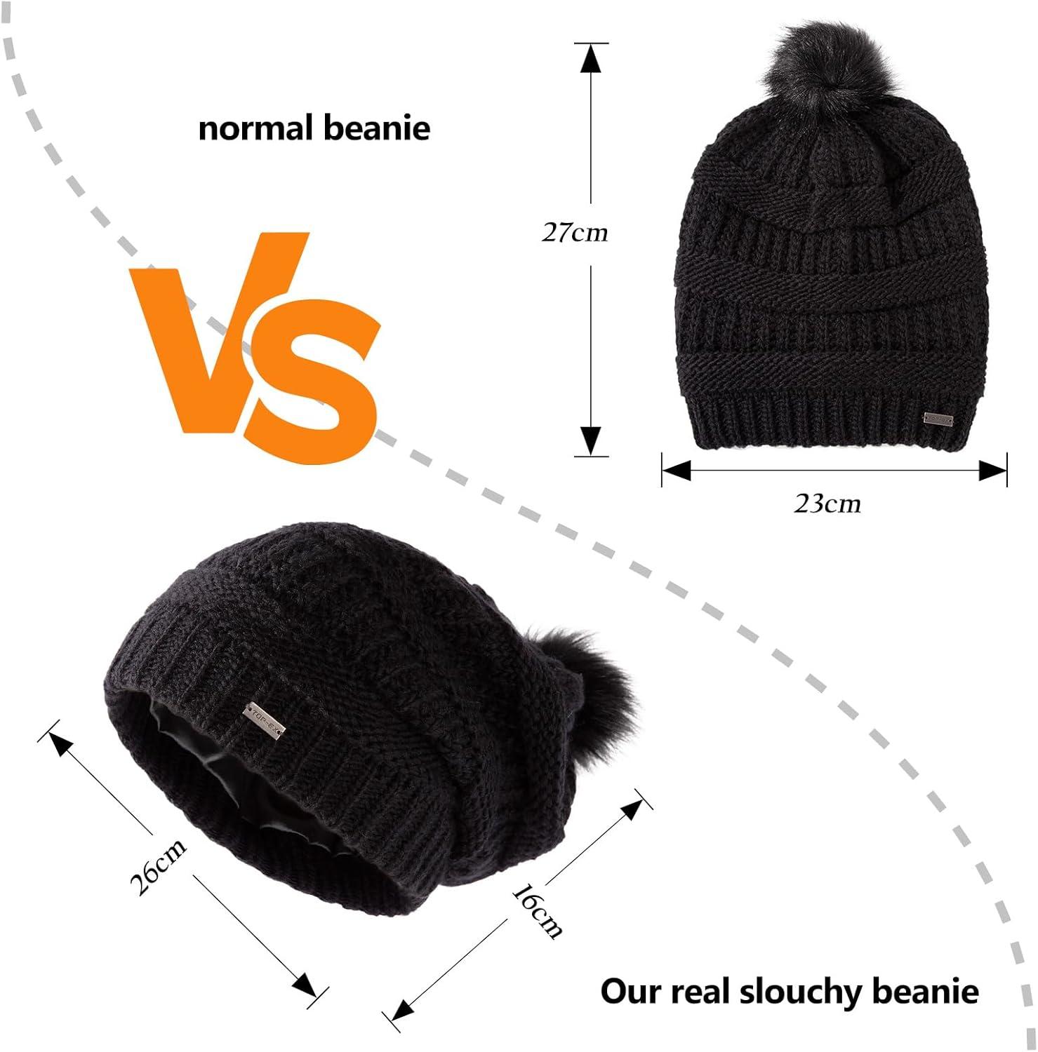 imageTOPEX PolarWool 100 Merino Wool Winter Slouchy Beanie for Women with Faux Fur Pom  Satin or Fleece Lined for Cold WeatherBlacksatin Lined