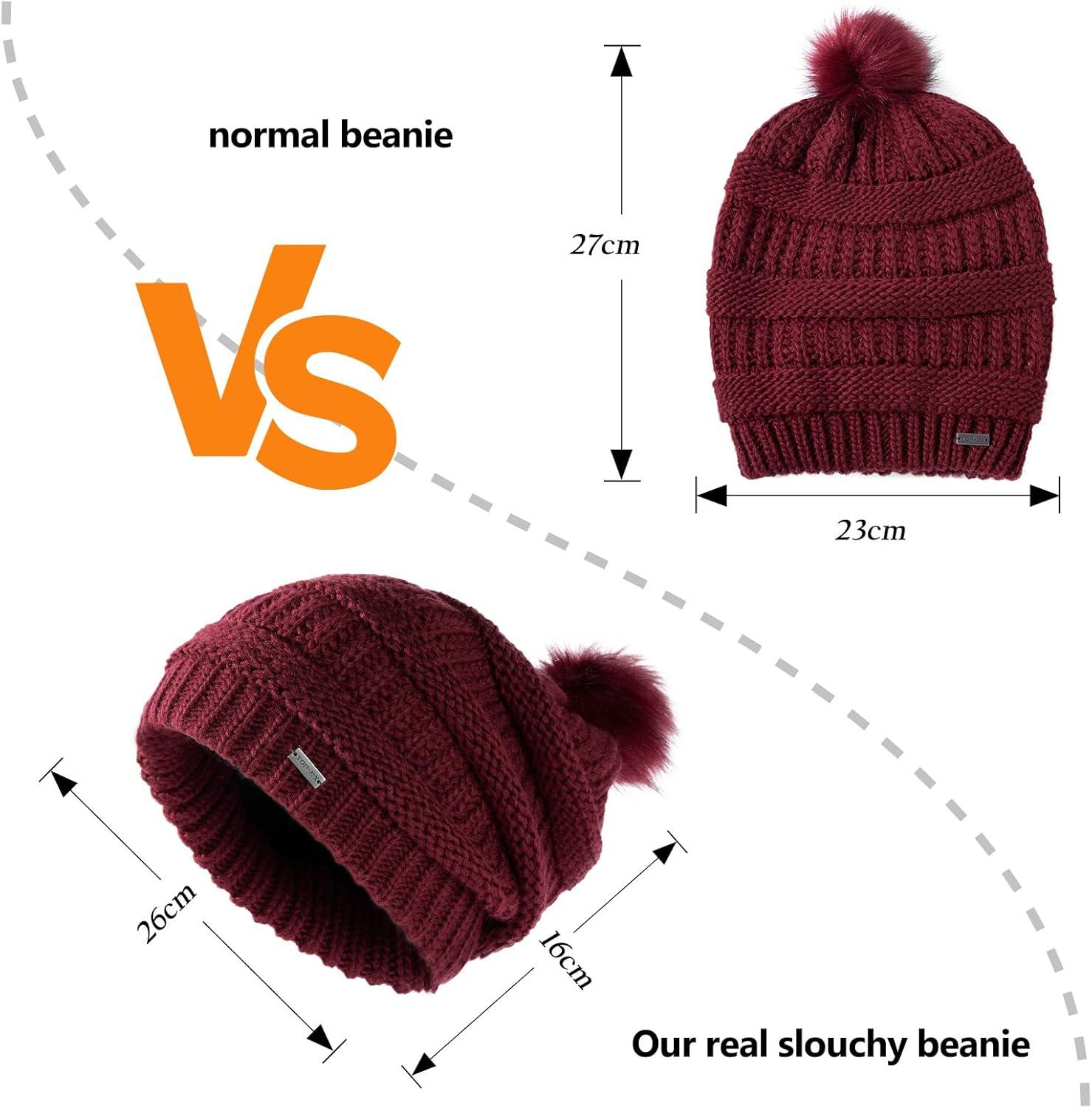 imageTOPEX PolarWool 100 Merino Wool Winter Slouchy Beanie for Women with Faux Fur Pom  Satin or Fleece Lined for Cold WeatherBurgundyfleece Lined