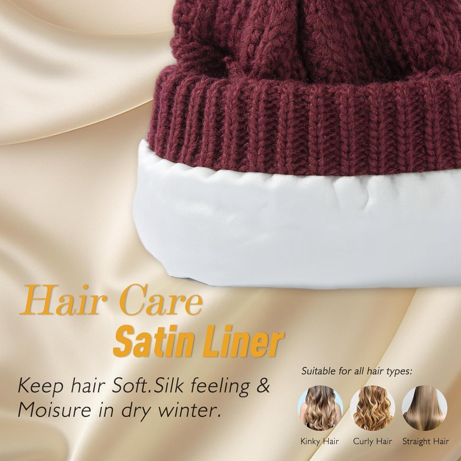 imageTOPEX PolarWool 100 Merino Wool Winter Slouchy Beanie for Women with Faux Fur Pom  Satin or Fleece Lined for Cold WeatherBurgundysatin Lined