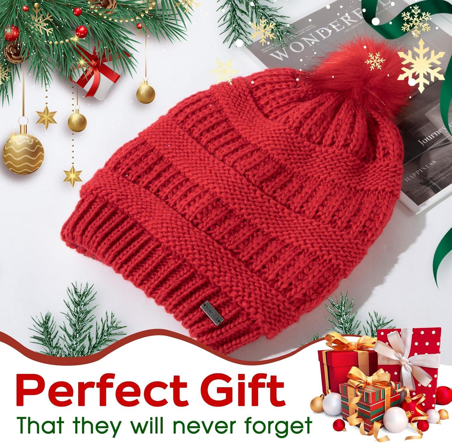 imageTOPEX PolarWool 100 Merino Wool Winter Slouchy Beanie for Women with Faux Fur Pom  Satin or Fleece Lined for Cold WeatherRedfleece Lined