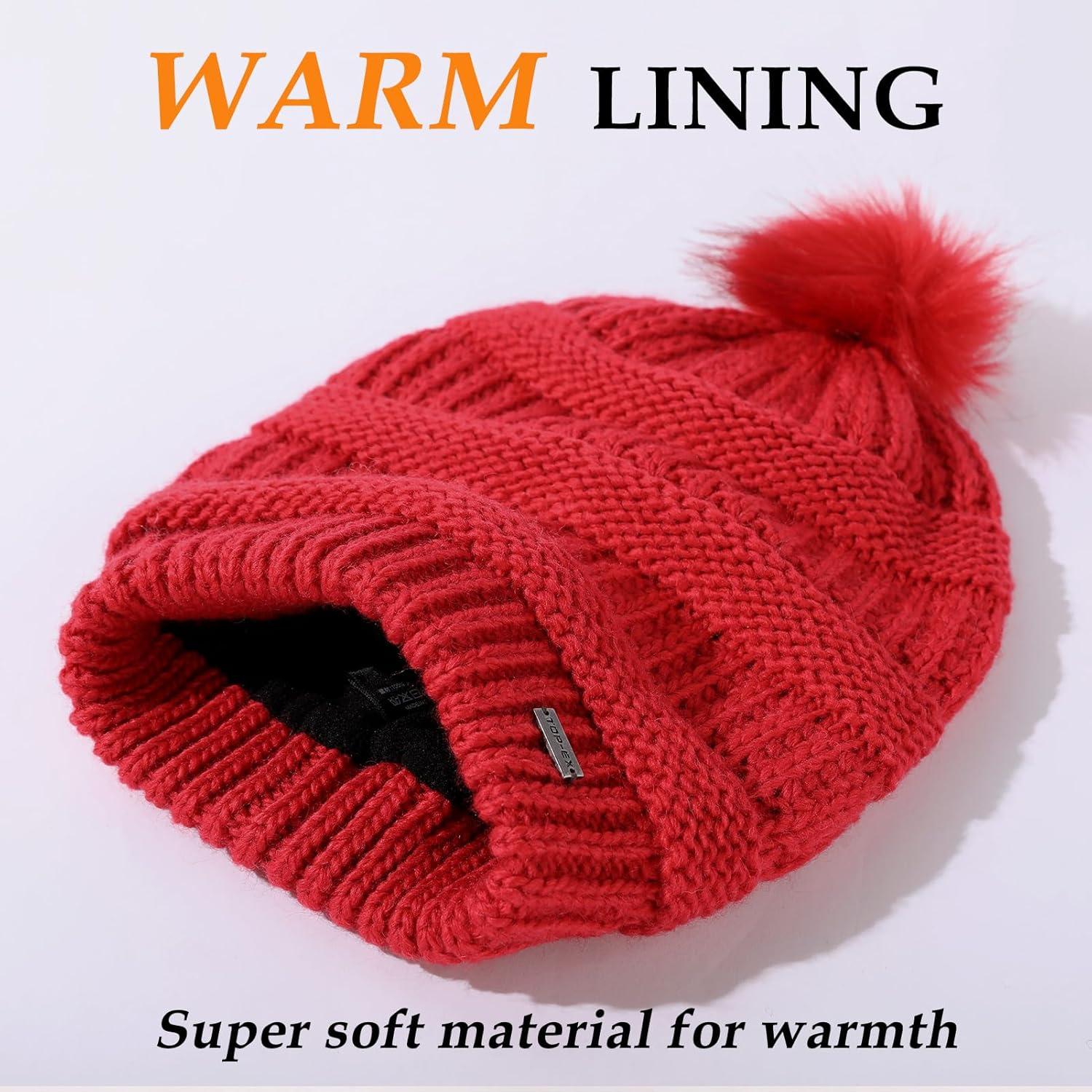 imageTOPEX PolarWool 100 Merino Wool Winter Slouchy Beanie for Women with Faux Fur Pom  Satin or Fleece Lined for Cold WeatherRedfleece Lined