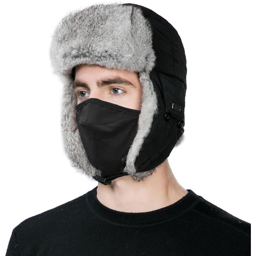imageTOPEX Oversize XXL XXXL Mens 100 Rabbit Fur Waterproof Trapper Hunting Trooper Winter Ushanka Russian Skiing HatBlack