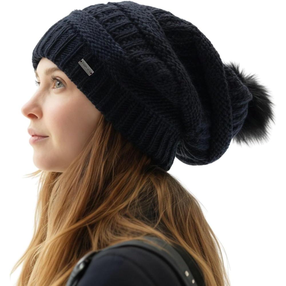 imageTOPEX PolarWool 100 Merino Wool Winter Slouchy Beanie for Women with Faux Fur Pom  Satin or Fleece Lined for Cold WeatherBlackfleece Lined