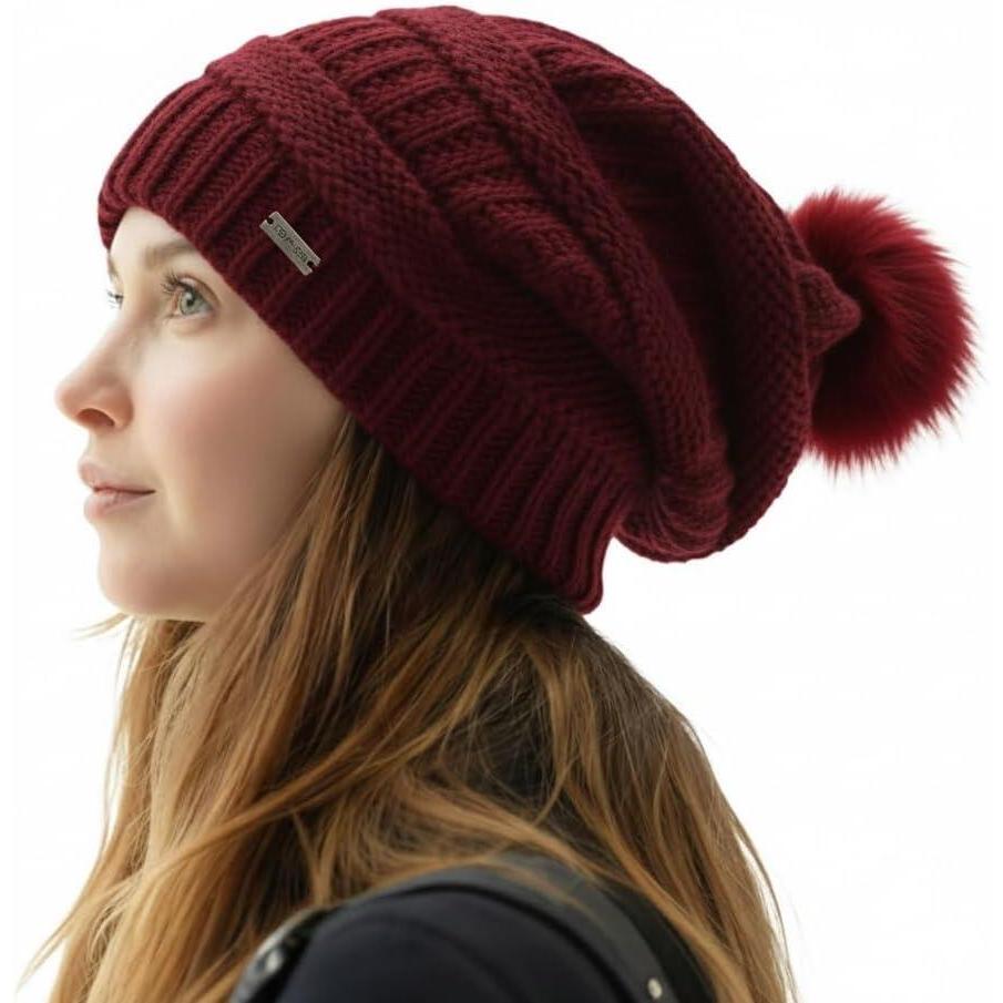 imageTOPEX PolarWool 100 Merino Wool Winter Slouchy Beanie for Women with Faux Fur Pom  Satin or Fleece Lined for Cold WeatherBurgundyfleece Lined