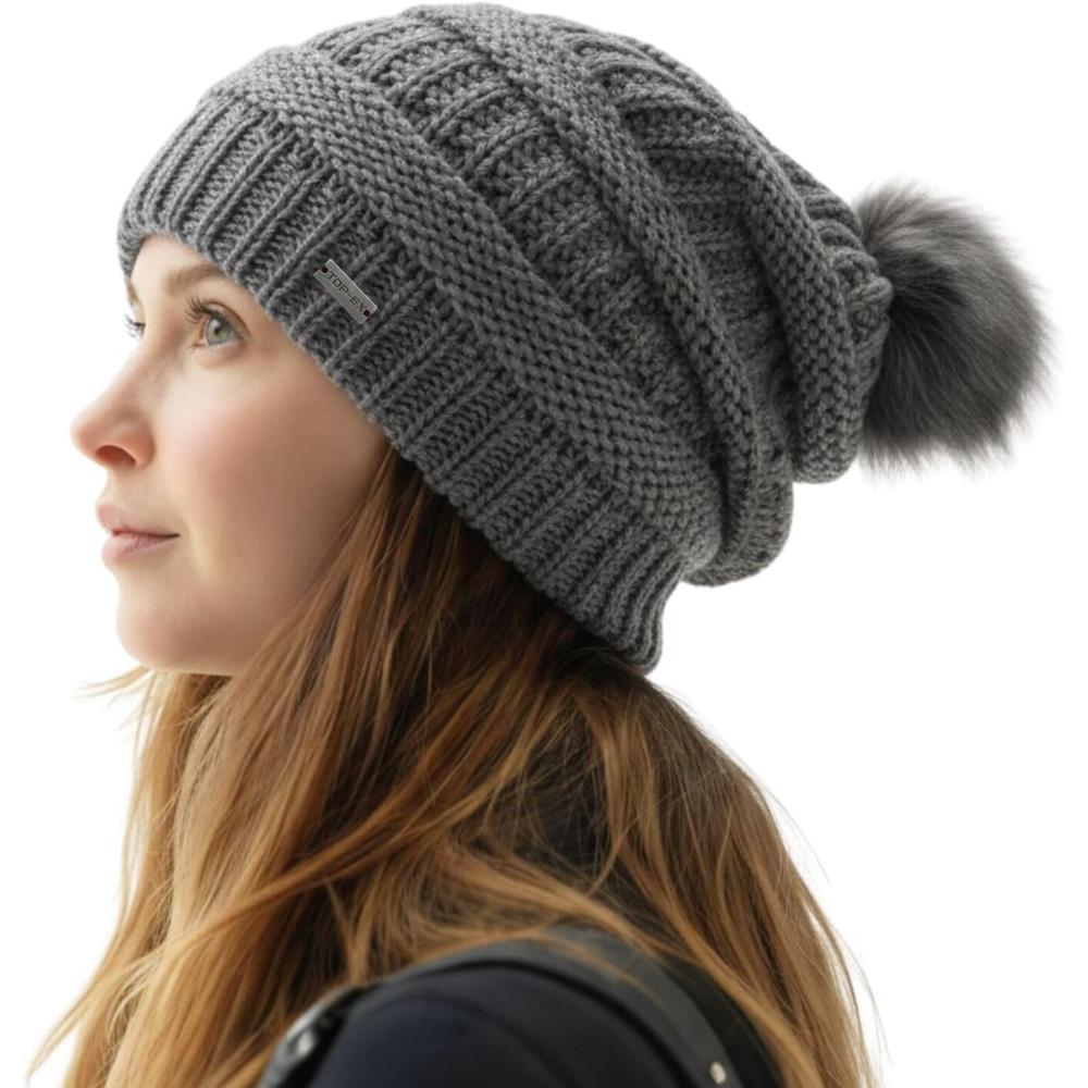 imageTOPEX PolarWool 100 Merino Wool Winter Slouchy Beanie for Women with Faux Fur Pom  Satin or Fleece Lined for Cold WeatherGreyfleece Lined