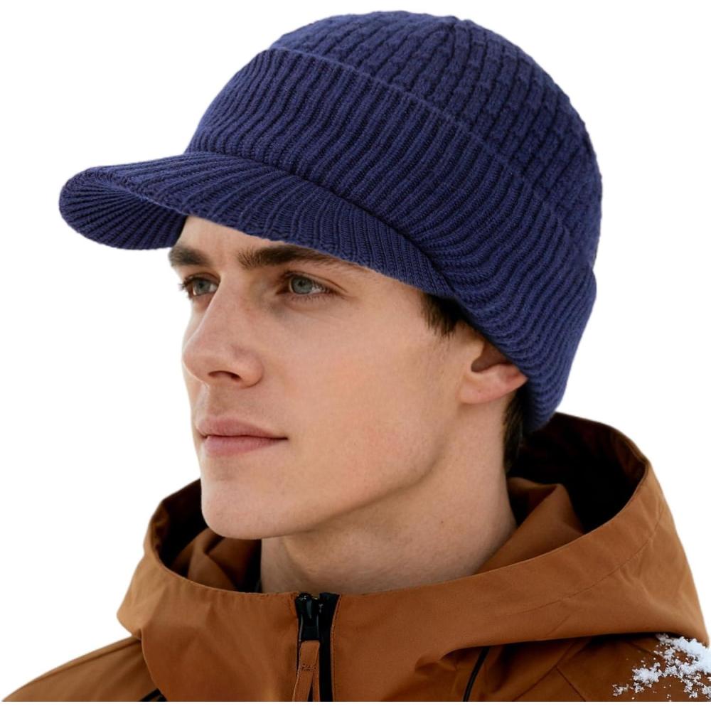 imageTOPEX PolarWool Mens Winter Hats with Brim  50 Merino Wool Beanie with Visor Bill Warm Knitted Newsboy Hat Cold WeatherBlue