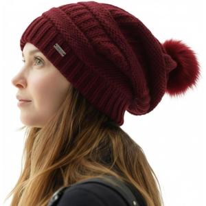 imageTOPEX PolarWool 100 Merino Wool Winter Slouchy Beanie for Women with Faux Fur Pom  Satin or Fleece Lined for Cold WeatherBurgundysatin Lined
