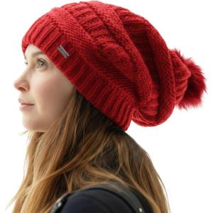 imageTOPEX PolarWool 100 Merino Wool Winter Slouchy Beanie for Women with Faux Fur Pom  Satin or Fleece Lined for Cold WeatherRedsatin Lined