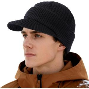 imageTOPEX PolarWool Mens Winter Hats with Brim  50 Merino Wool Beanie with Visor Bill Warm Knitted Newsboy Hat Cold WeatherBlack