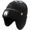 imageTOPEX DryKnit Waterproof LED Beanie Hat with Ear Flaps Merino Wool Winter Hat Fleece Lined USB Rechargeable Lighted CapBlackgift Box