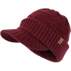 imageTOPEX DryKnit Waterproof LXLXXL Fleece Lined Merino Wool Blend Beanie with Brim Visor Cap Warm Winter Hat for Men WomenBurgundyember