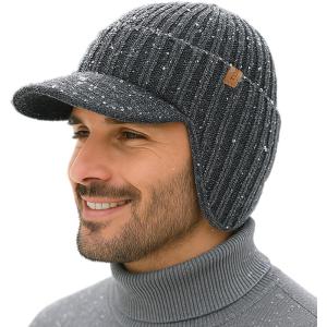image:imageTOPEX DryKnit Waterproof Merino Wool Beanie Hat with Brim Ear Flaps Fleece Lined Ski Cap for Cold Weather amp Large HeadsGray