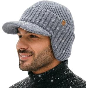 image:imageTOPEX DryKnit Waterproof Merino Wool Beanie Hat with Brim Ear Flaps Fleece Lined Ski Cap for Cold Weather amp Large HeadsLight Gray