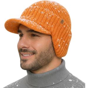 image:imageTOPEX DryKnit Waterproof Merino Wool Beanie Hat with Brim Ear Flaps Fleece Lined Ski Cap for Cold Weather amp Large HeadsOrange