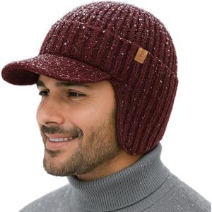 image:imageTOPEX DryKnit Waterproof Merino Wool Beanie Hat with Brim Ear Flaps Fleece Lined Ski Cap for Cold Weather amp Large HeadsRed