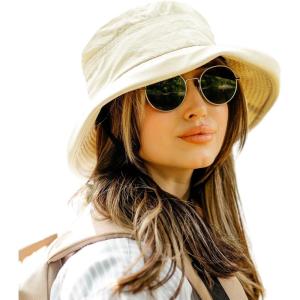 image:imageTOPEX ChicPony Womens Wide Brim Bucket Sun Hat with Ponytail Hole UPF 50 Summer Packable Sunhat for Travel Beach OutdoorCream Beige