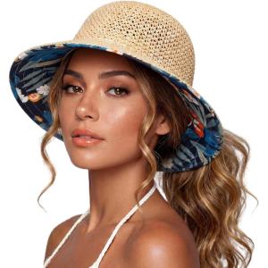 image:imageTOPEX Uvcoolix Chicpony Cooling UPF80 Chin Straps Floppy Wide Brim Beach Straw Sun HatNatural Midnight Botanical
